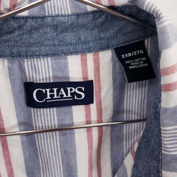 Chaps Shirt Mens 2XB Red White Blue Striped Short Sleeve Chambray Button Down - Picture 9 of 9